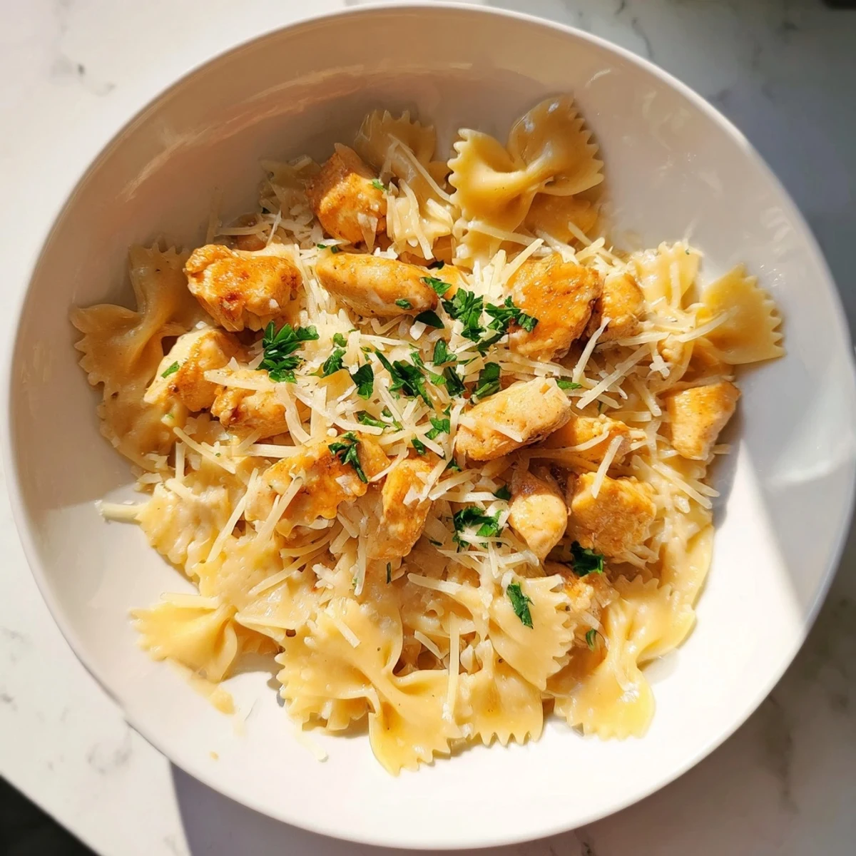 A comforting bowl of Mozzarella Garlic Butter Chicken Bowties features tender chicken and cheesy pasta ready to be enjoyed.