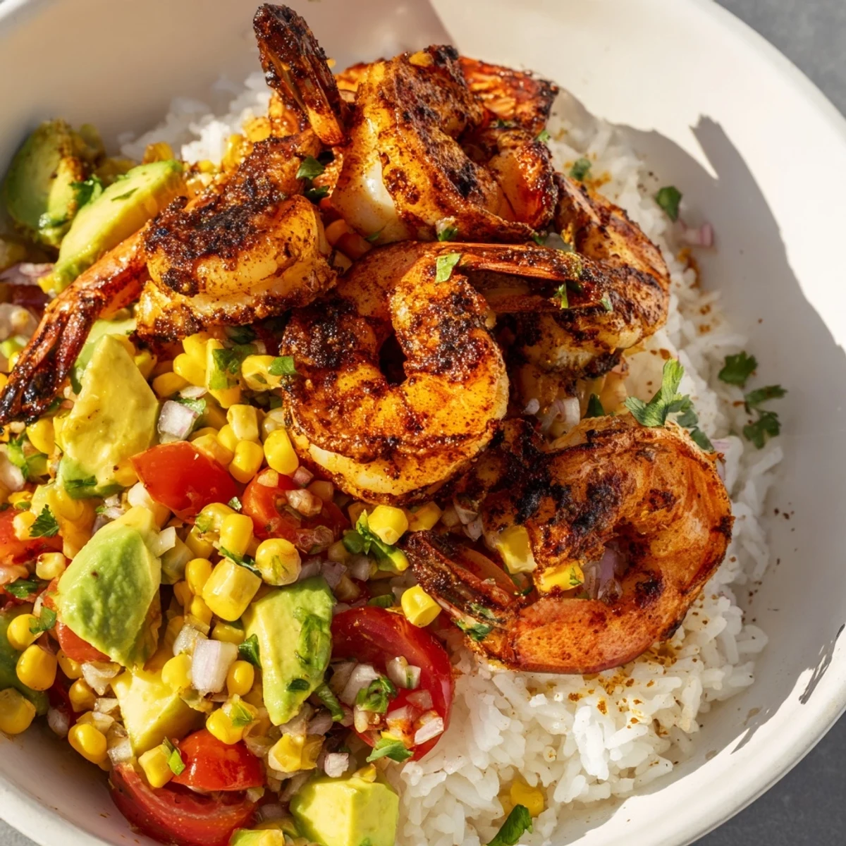 Juicy grilled shrimp nestled in flavorful Easy Grilled Shrimp Bowls, with avocado salsa and lime wedges.