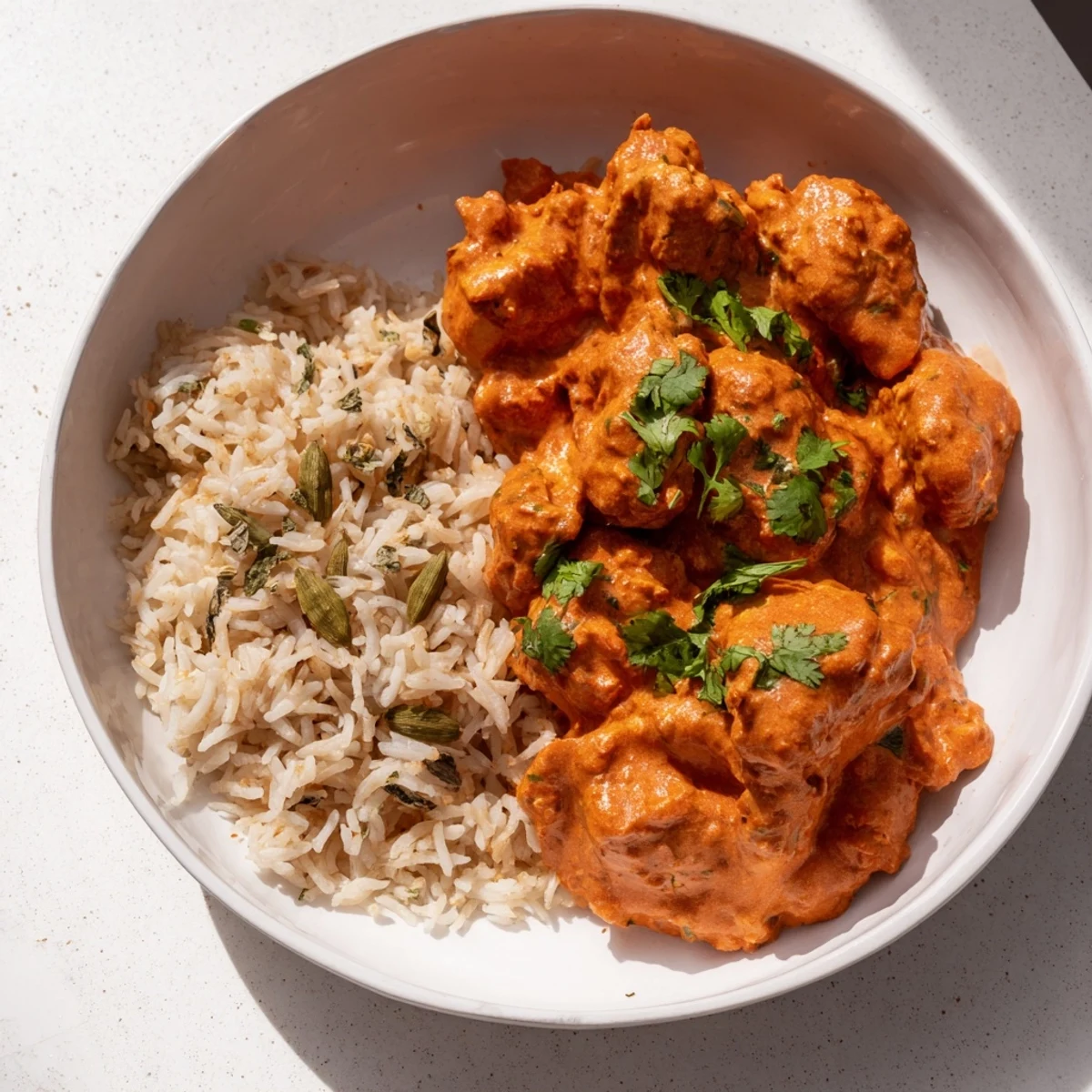 Butter chicken with creamy tomato sauce served alongside fragrant rice pilaf, a delicious Indian dinner. 