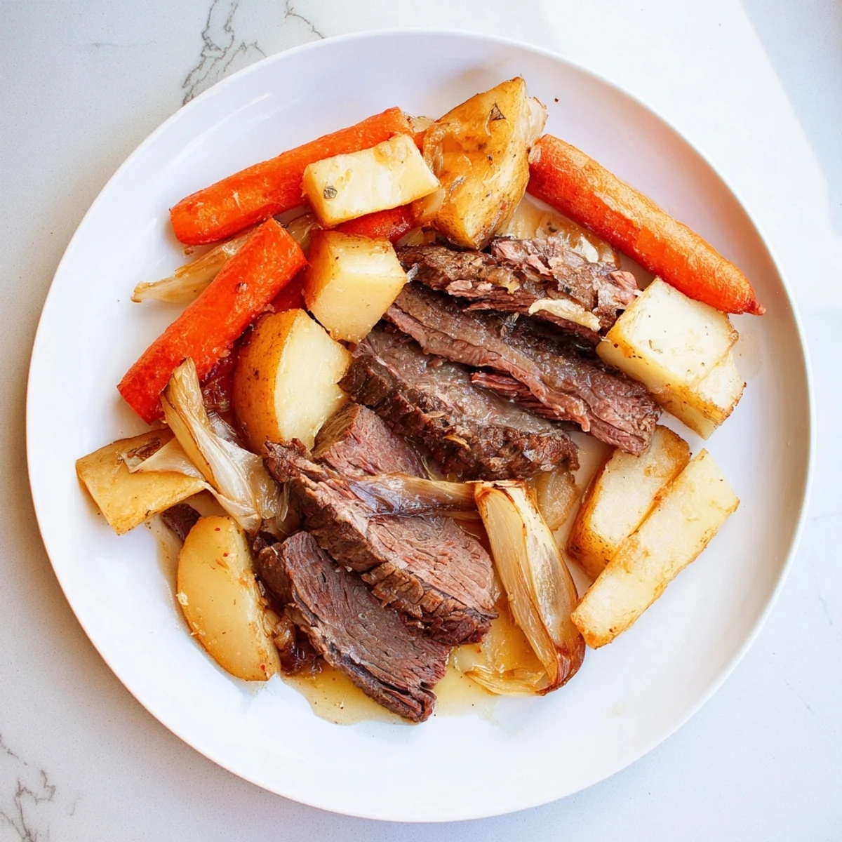 A close-up of a steaming Sunday Pot Roast showcases the juicy beef with golden roasted root vegetables.