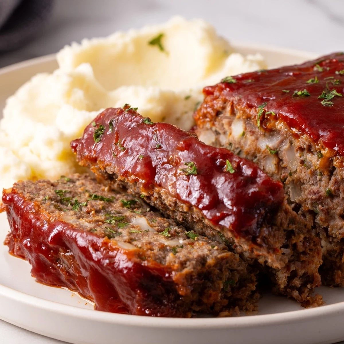 Juicy, glazed Classic Meatloaf & Mashed Potatoes, steaming hot, served next to fluffy mashed potatoes.
