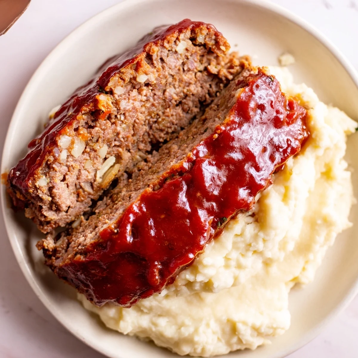 A hearty plate of Classic Meatloaf & Mashed Potatoes, with the meatloaf glistening from a sweet glaze.