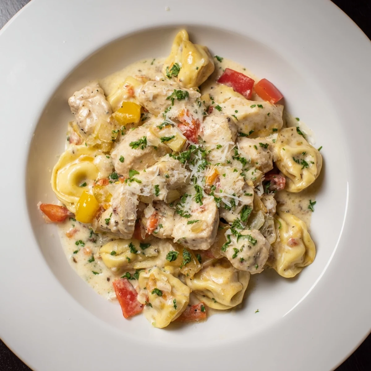 This photo shows a plated serving of Zesty Cajun Garlic Parmesan Chicken Tortellini; ready to eat, rich and delicious.
