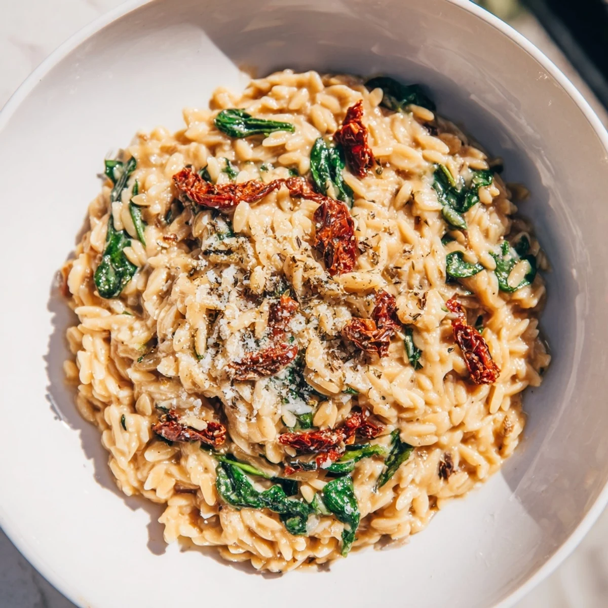 Savory Creamy Tuscan Orzo Bowl, garnished with Parmesan, inviting you to enjoy this flavorful dish.