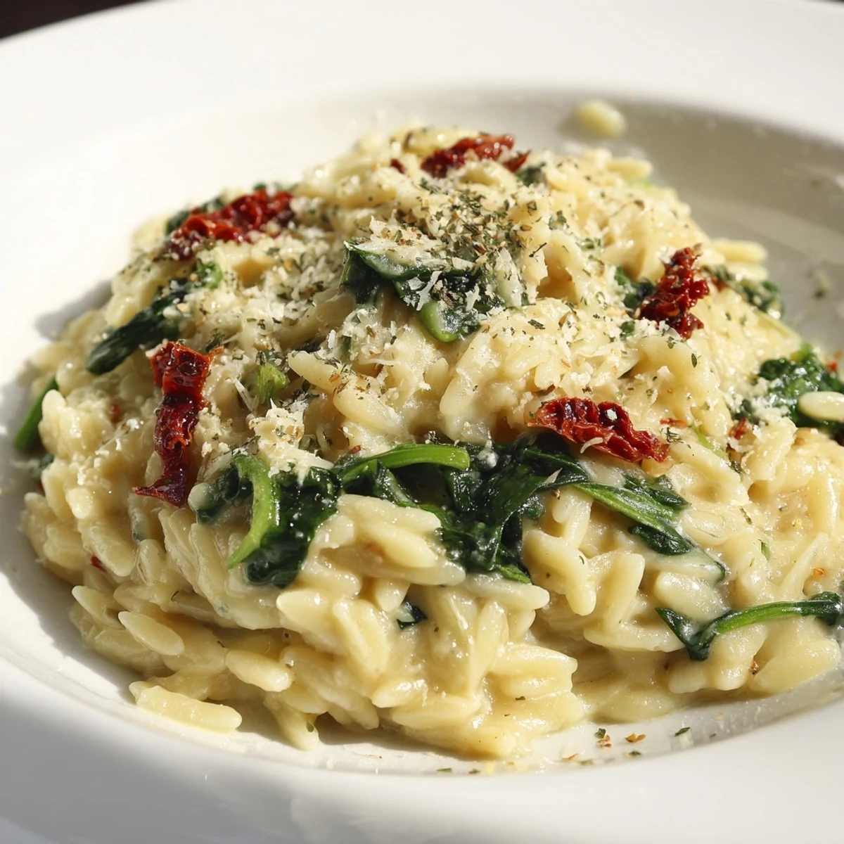 A steaming bowl of Creamy Tuscan Orzo, a vegetarian delight with garlic and Italian herbs.