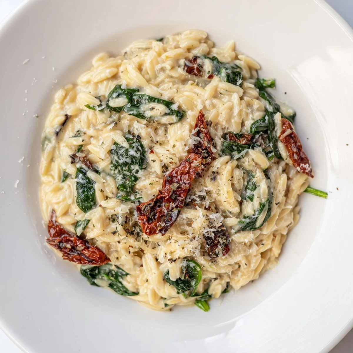 Creamy Tuscan Orzo Bowl with vibrant spinach and sun-dried tomatoes, a comforting Italian dinner.