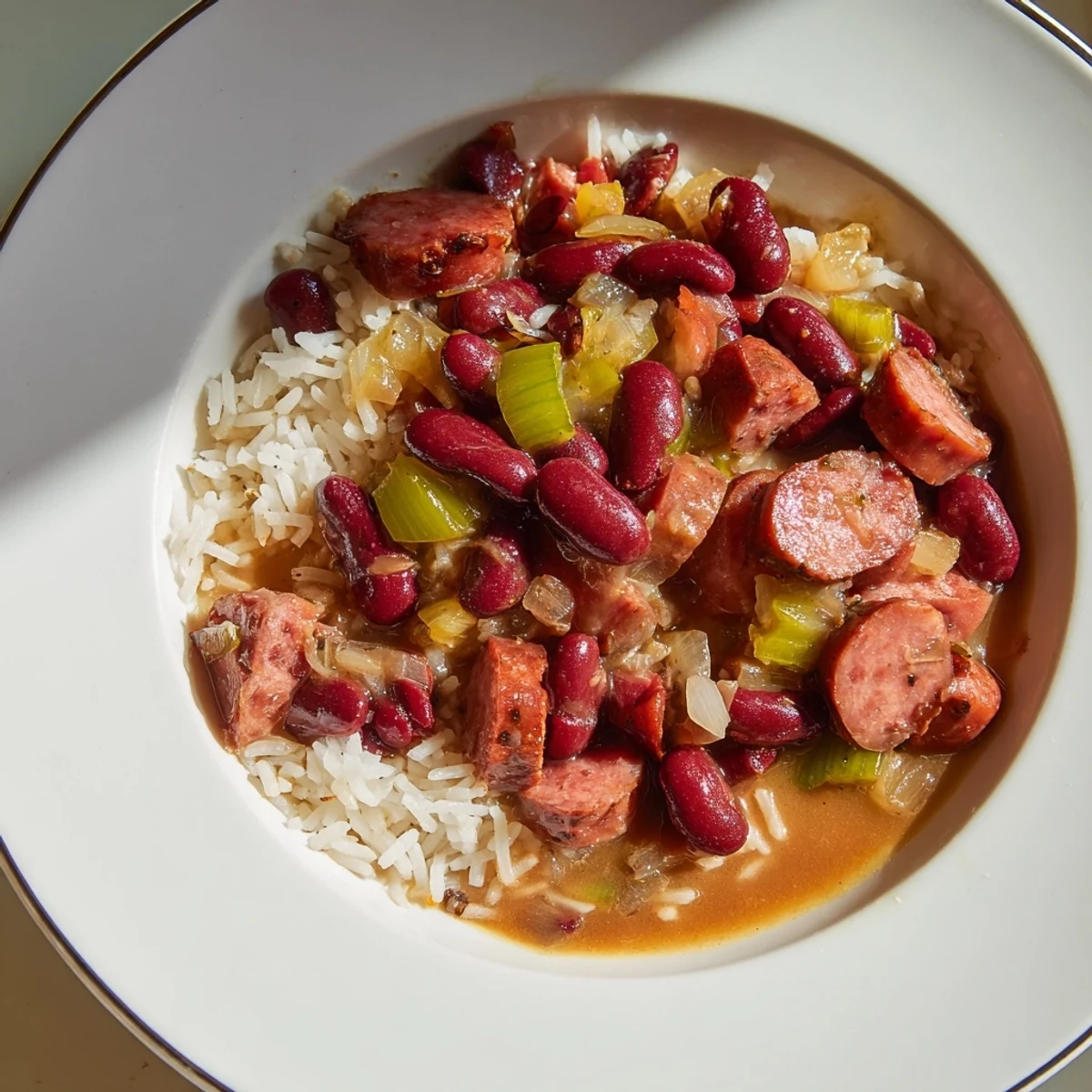 Steaming bowl of Red Beans & Rice, loaded with sausage and served atop fluffy white rice.