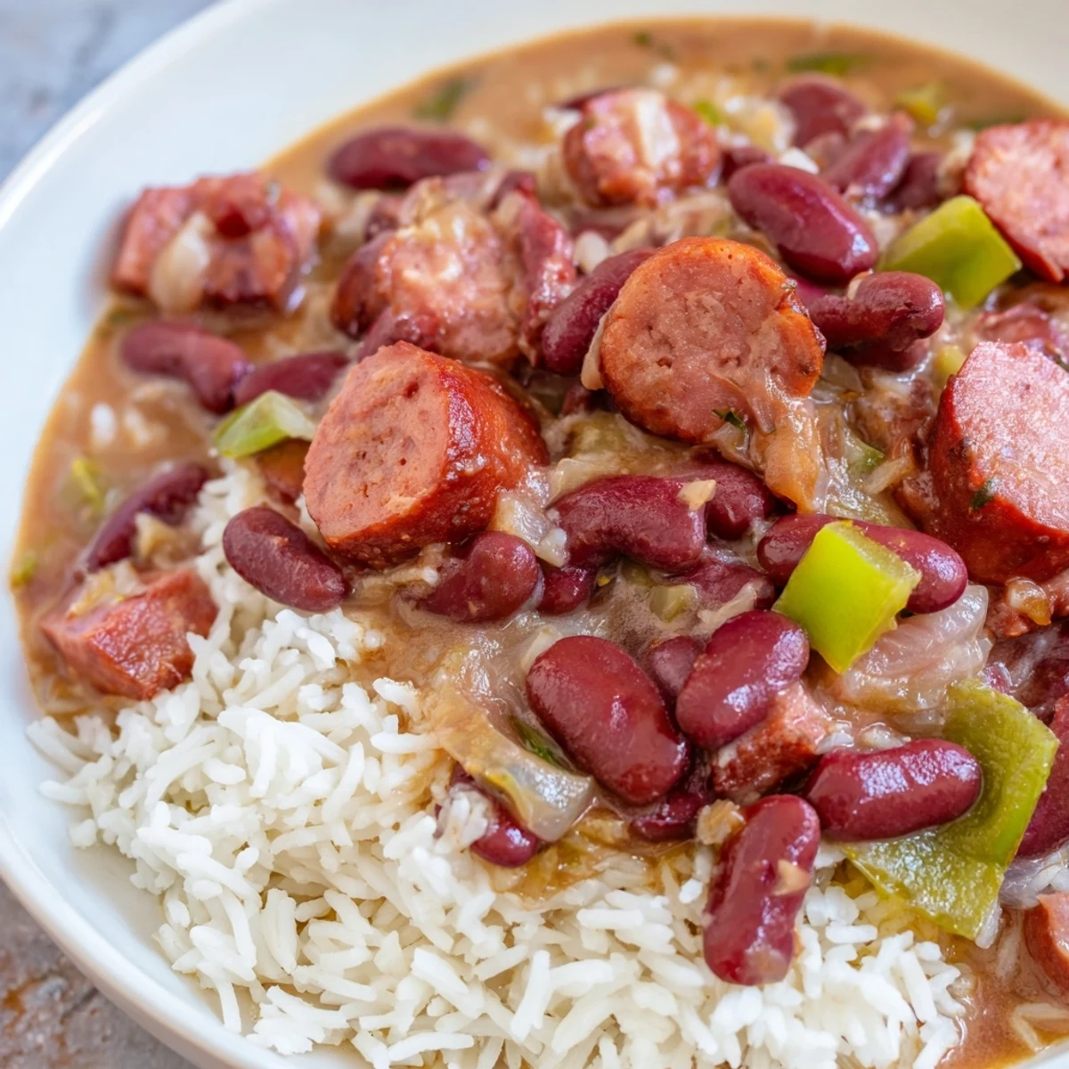 Close-up photo of flavorful, creamy Red Beans & Rice garnished with fresh green onions and parsley.