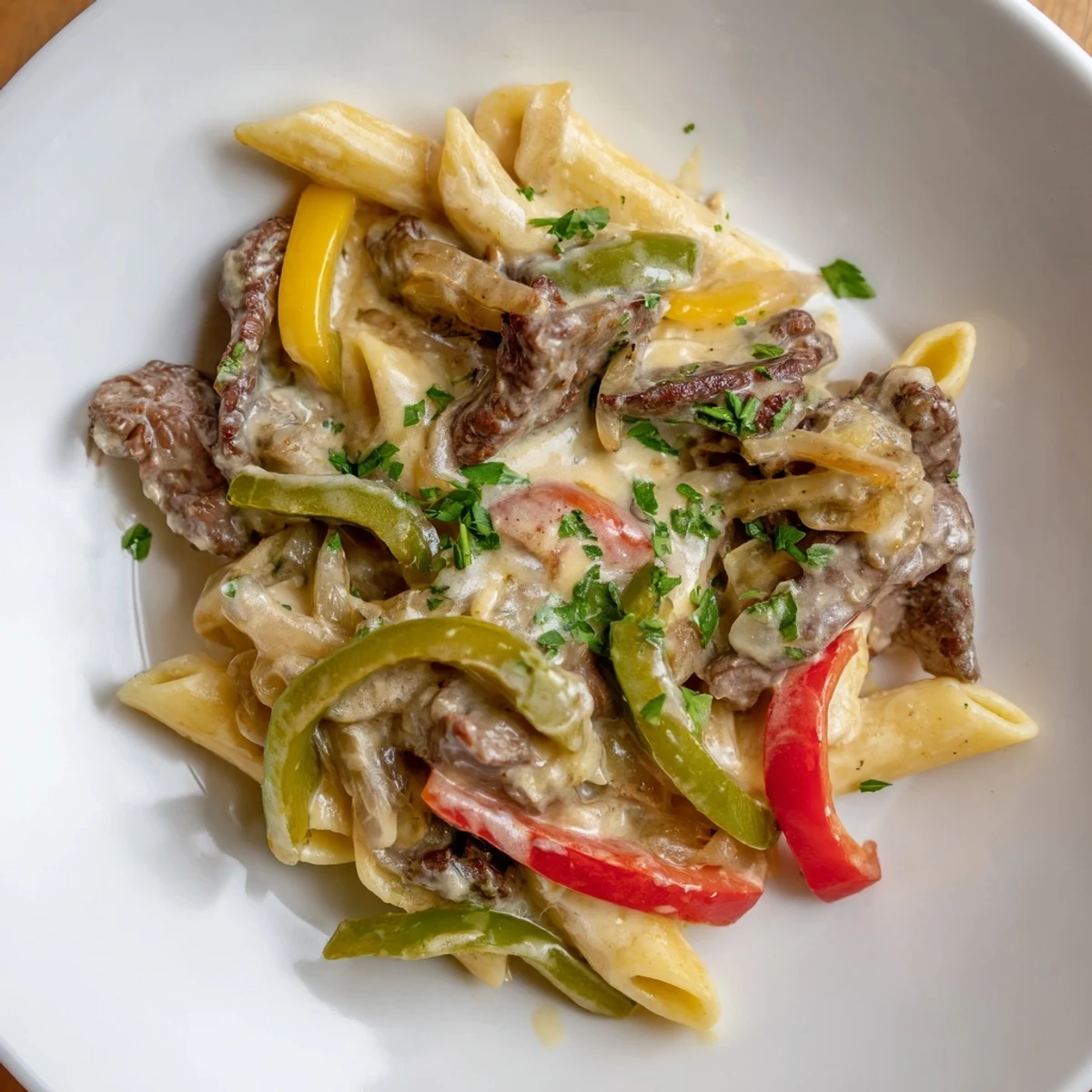 Philly Cheese Steak Pasta glistening, with tender beef and cheesy sauce coating penne.