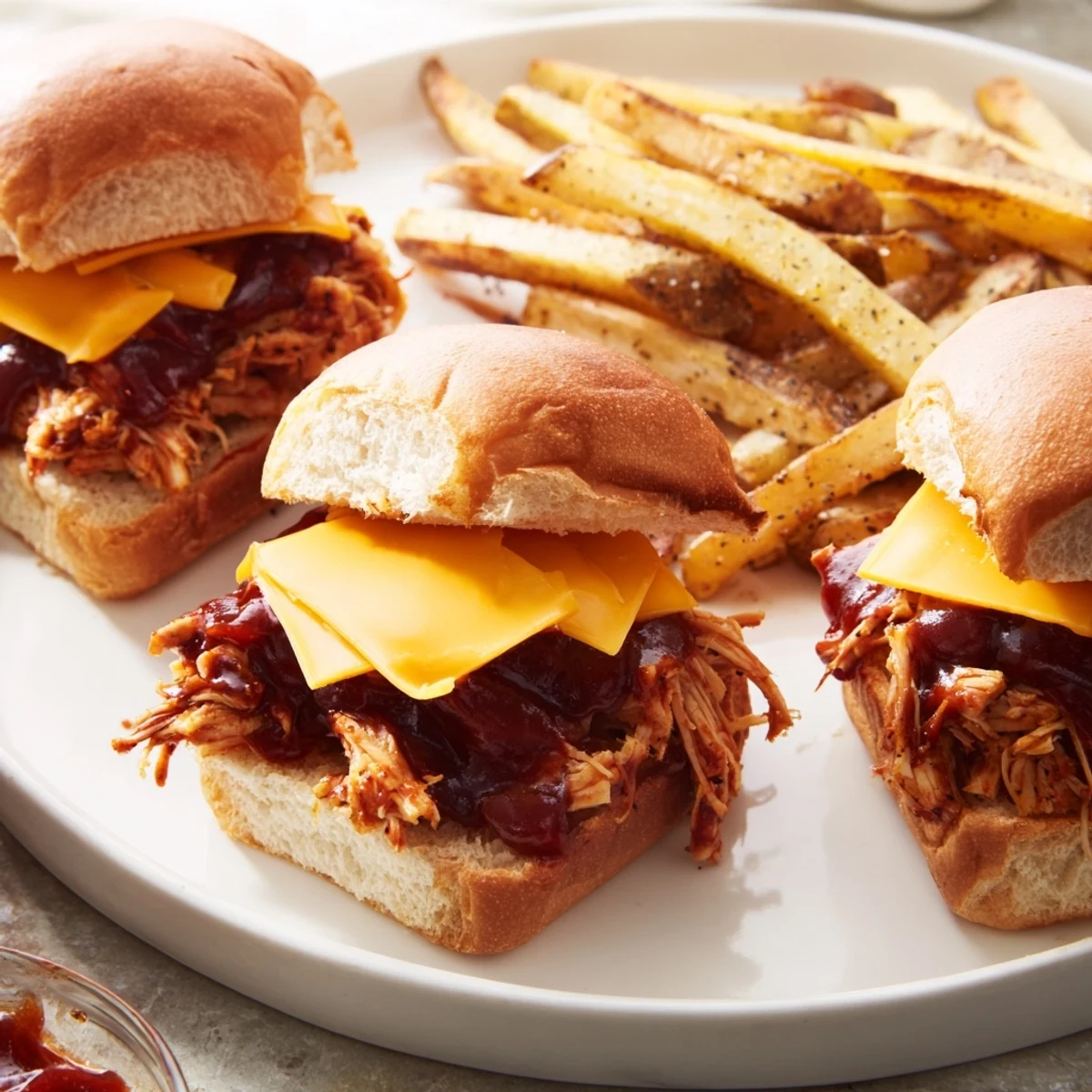 Golden BBQ Chicken Sliders piled high, alongside a basket of hot, crisp fries for a tasty meal.