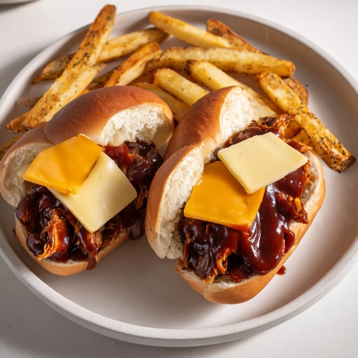Freshly made BBQ Chicken Sliders with coleslaw, looking savory, accompanied by a mountain of golden, seasoned fries.