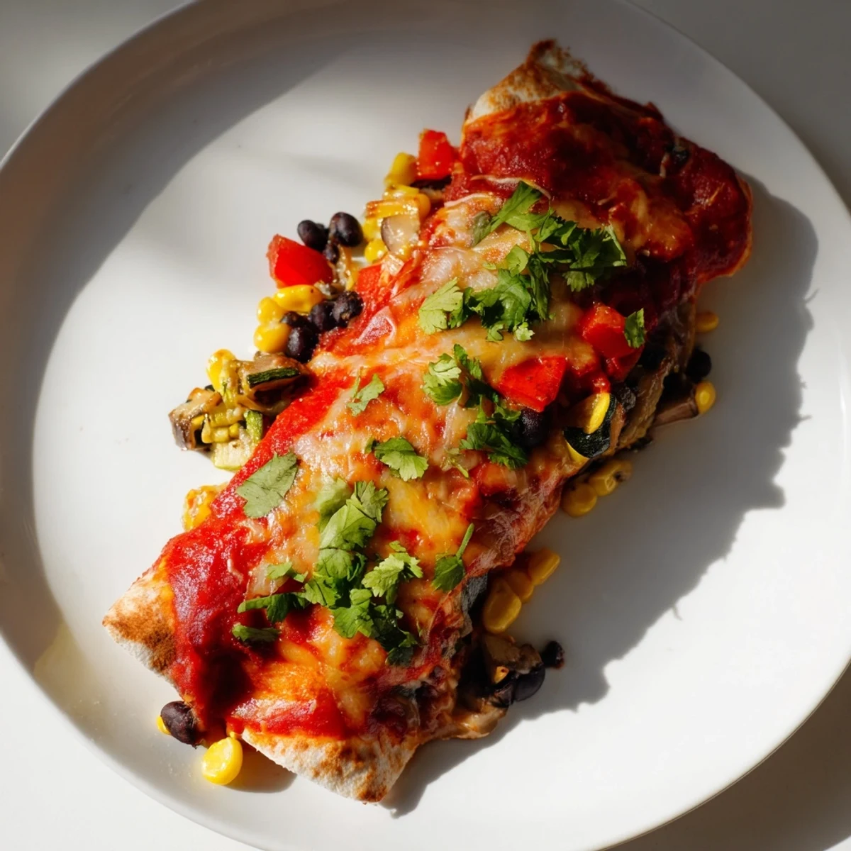 Warm, homemade Farmers Market Vegetarian Enchiladas, a vegetarian delight baked until golden and bubbly with toppings.