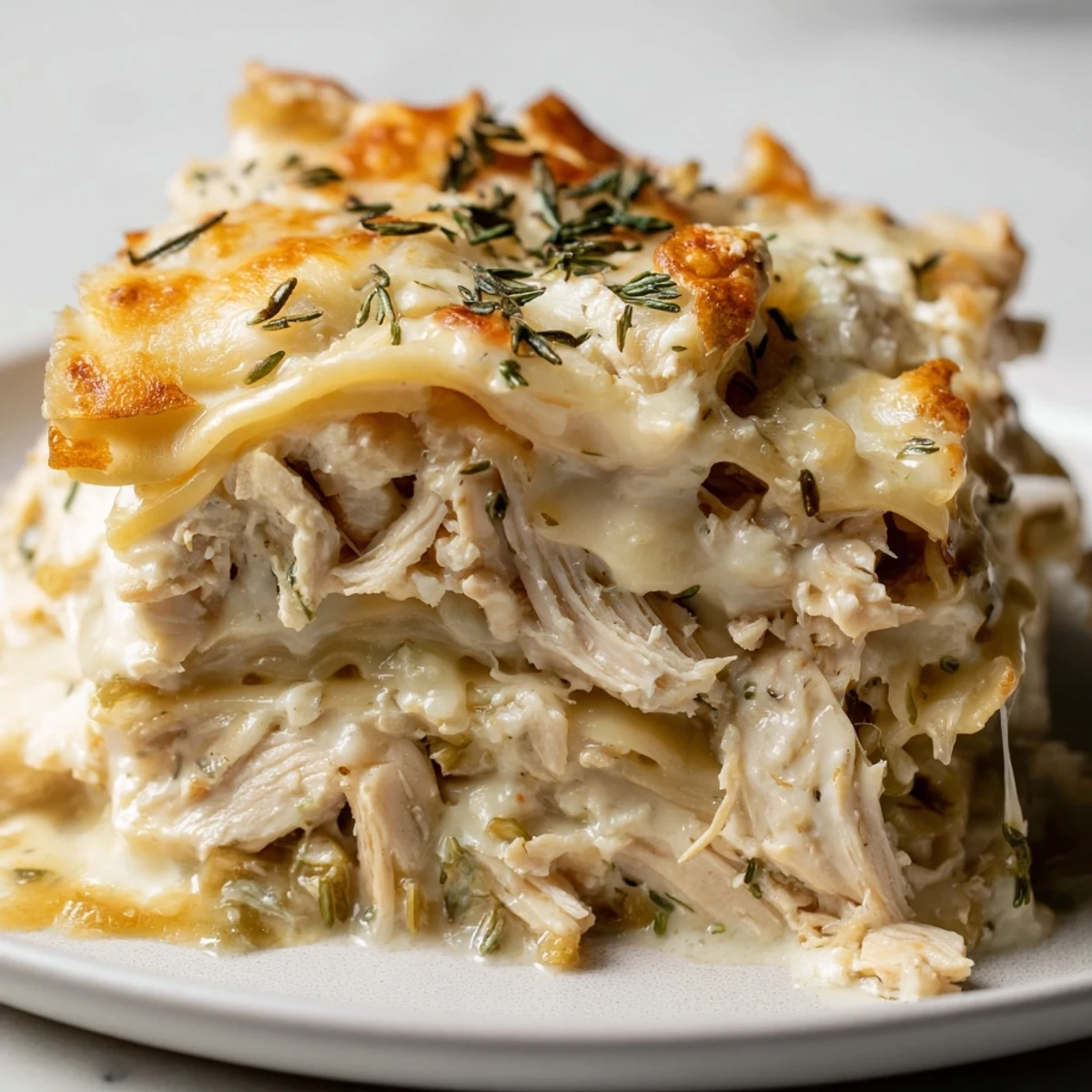 Golden-brown Rosemary Chicken Lasagna bubbly with melted mozzarella, a comforting Italian meal.