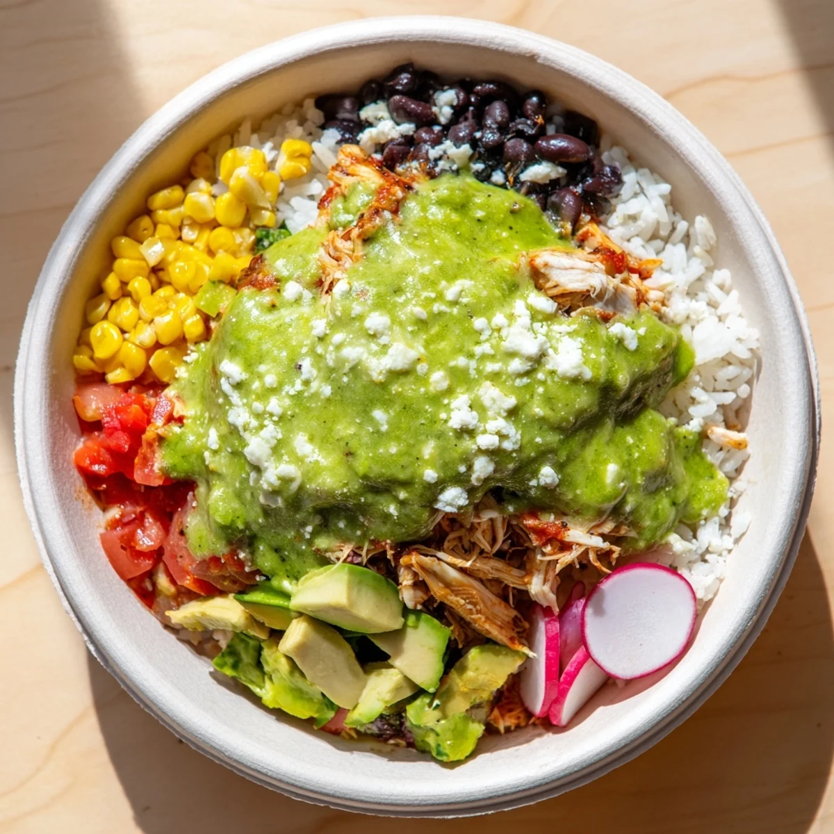 A colorful Green Enchiladas Rice Bowl overflowing with chicken, fresh toppings, and zesty sauce, ready to eat.