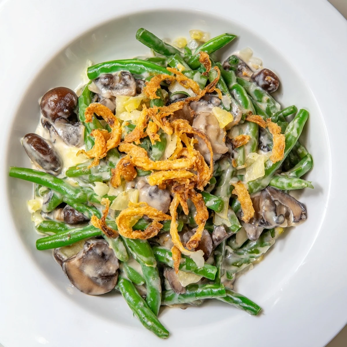 A warm, bubbly dish of classic old-school green bean casserole with crispy onion topping.