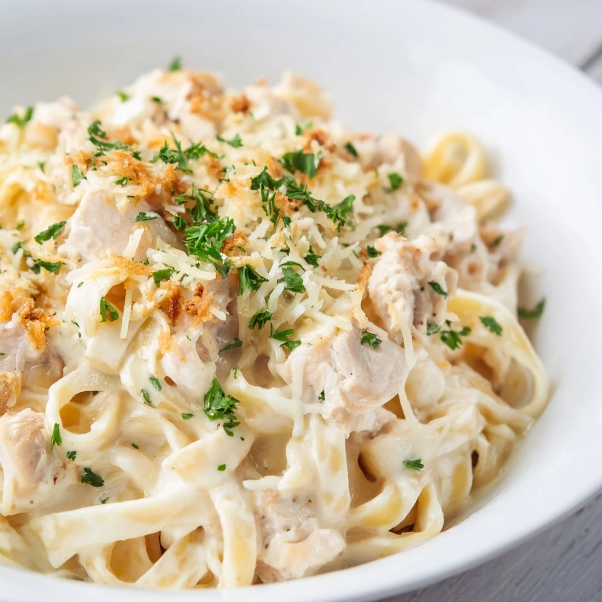 Golden-brown Chicken Fettuccine Alfredo Bake bubbling in a dish with a cheesy, irresistible topping.
