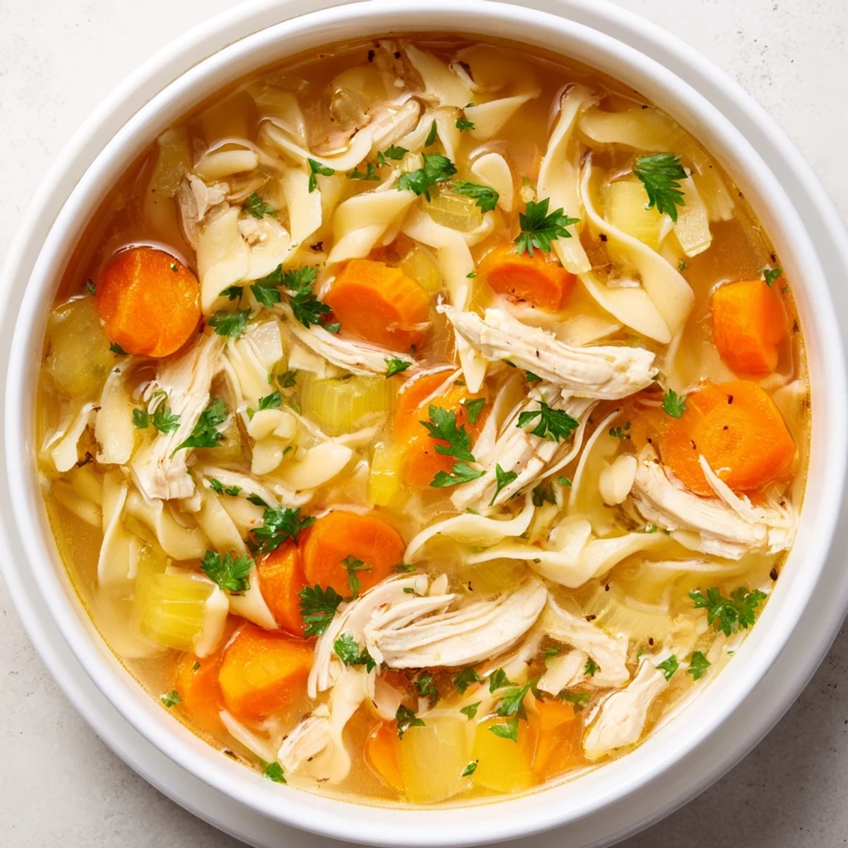 Steaming bowl of homemade chicken noodle soup, with chunks of tender chicken and vibrant vegetables.