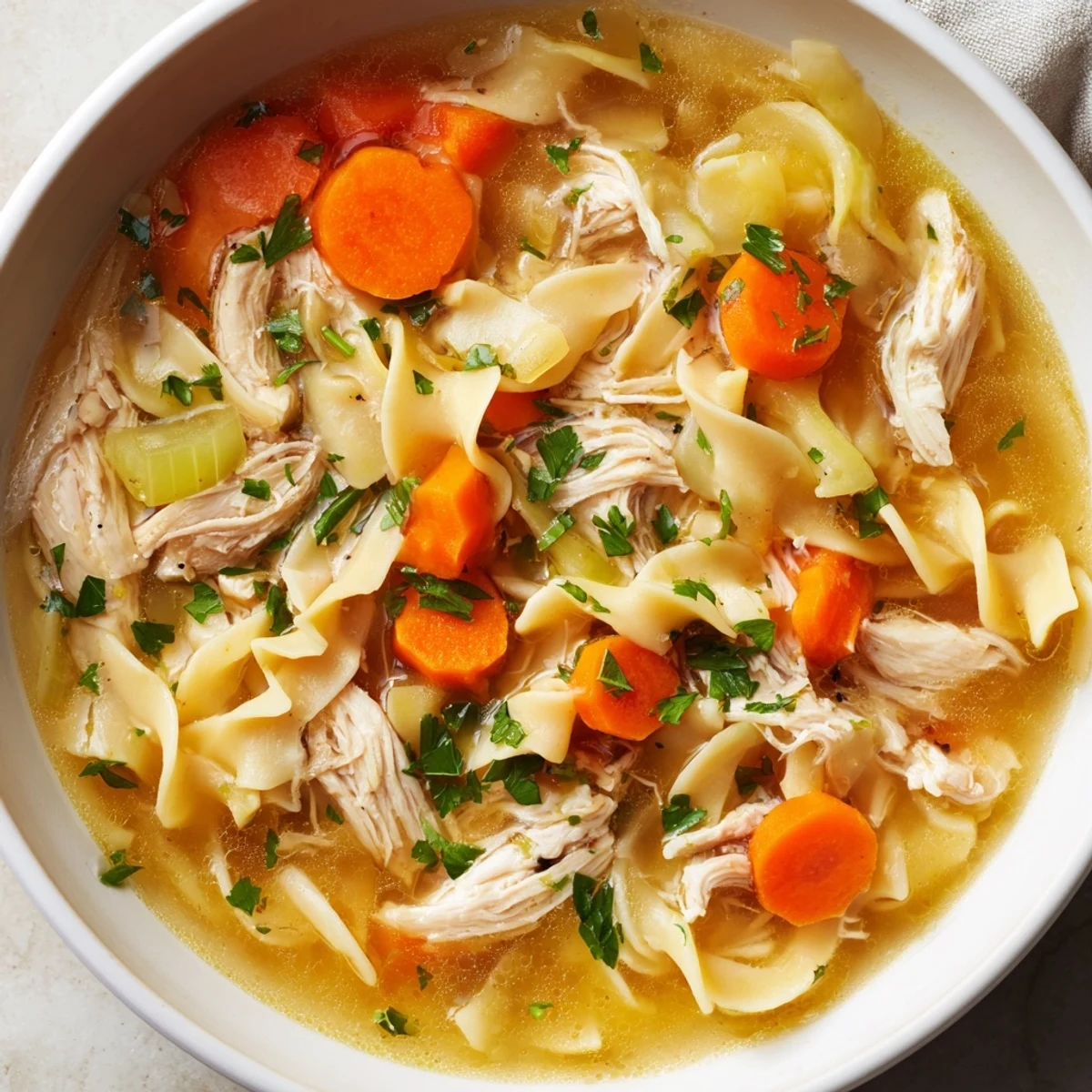 Close-up of a flavorful homemade chicken noodle soup, ready to comfort on a cold day, with a garnish.