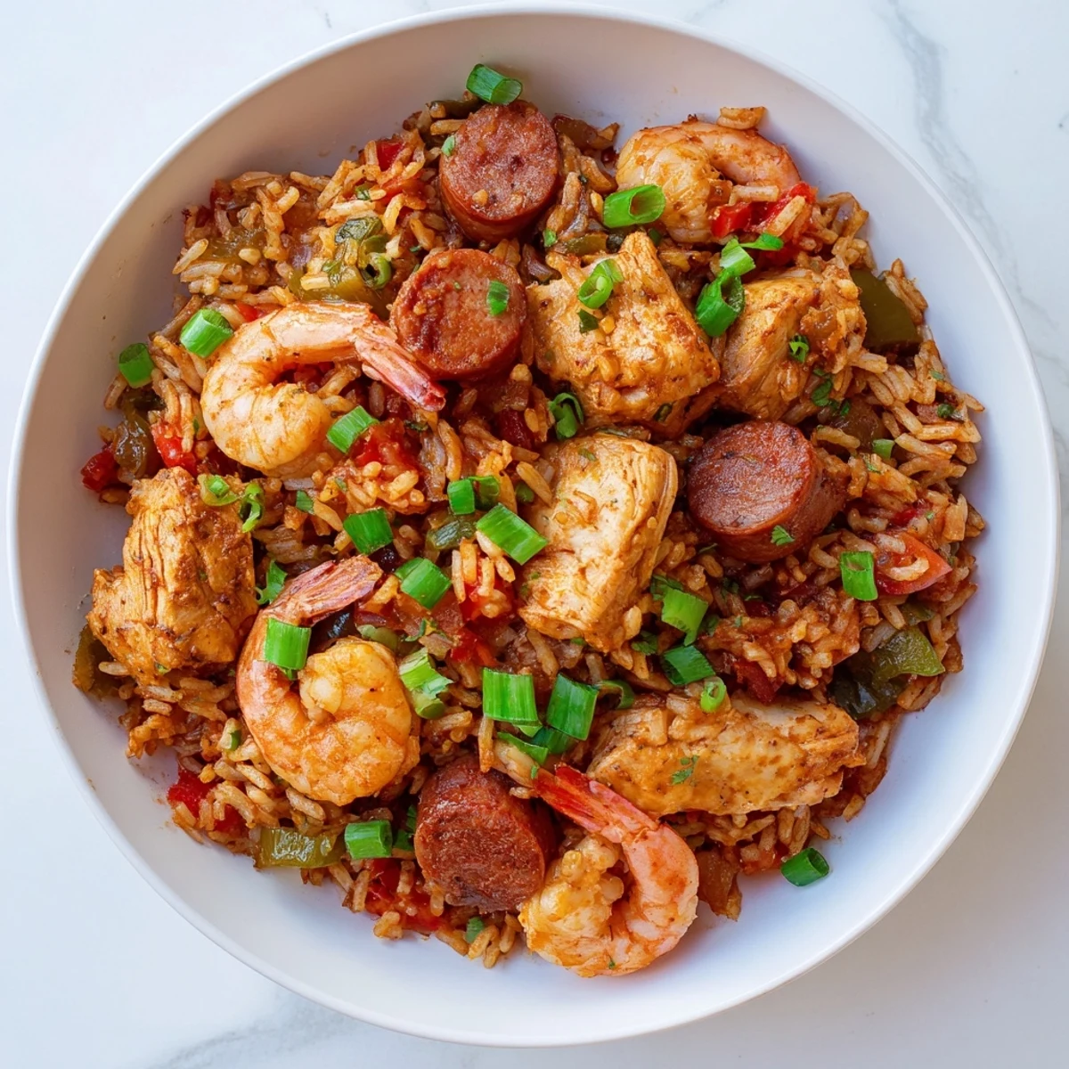 A steaming bowl of Cajun Jambalaya Rice Bowl with shrimp, chicken, and flavorful rice.