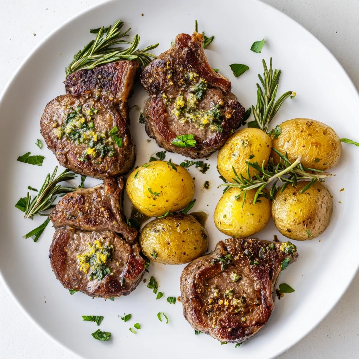 Juicy herbed lamb chops resting beside crispy roasted potatoes, ready for a satisfying, gluten-free meal.
