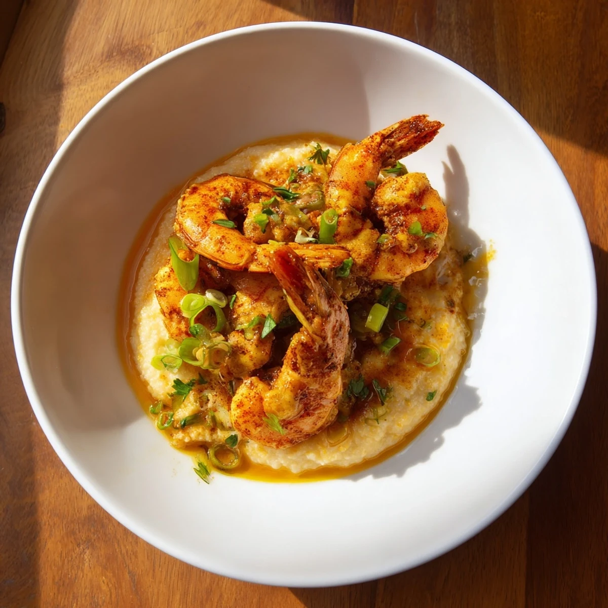 A bowl of Southern comfort: flavorful shrimp & grits, garnished with scallions, perfect for a cozy meal.