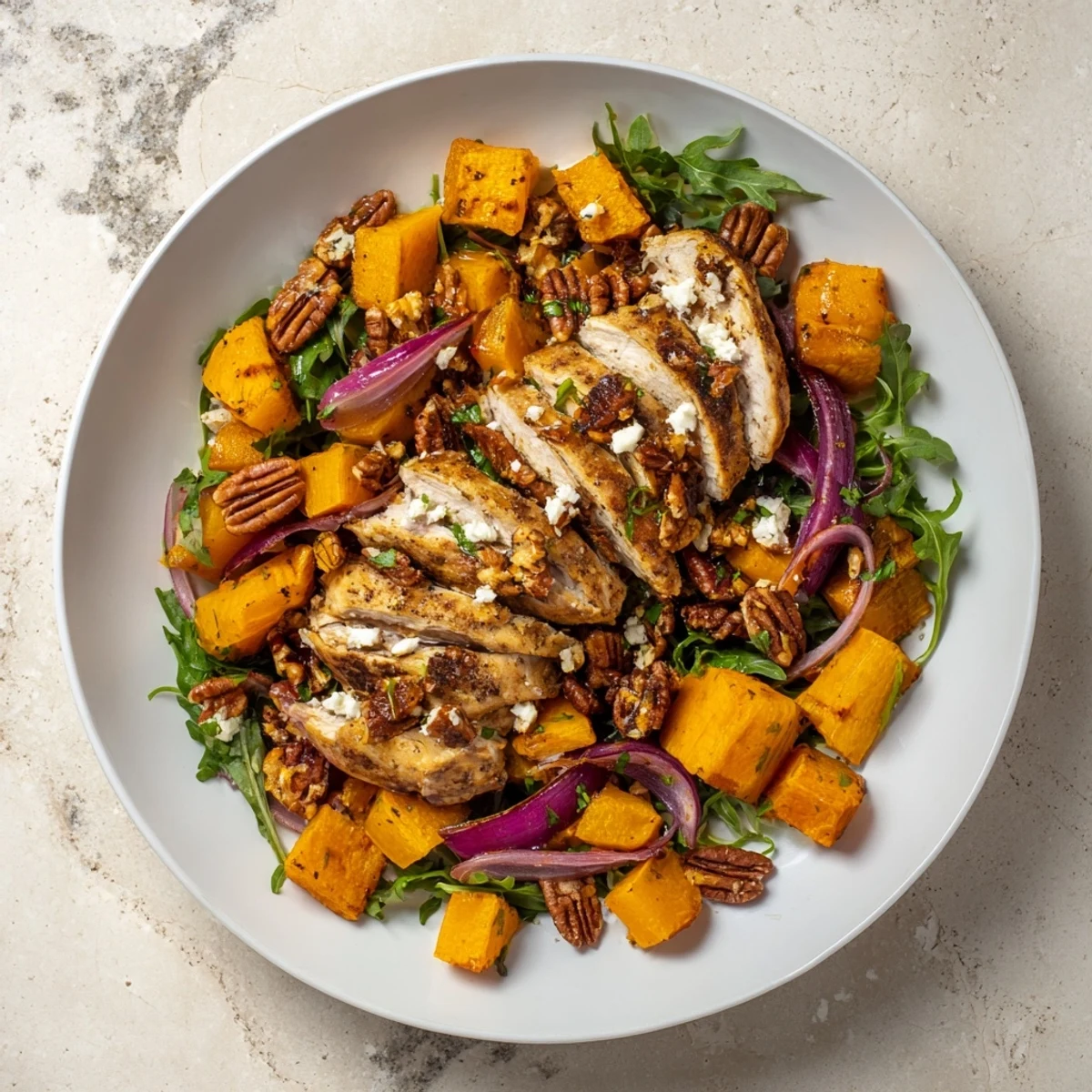 Juicy roasted chicken and vibrant winter squash star in this delicious sheet-pan salad.