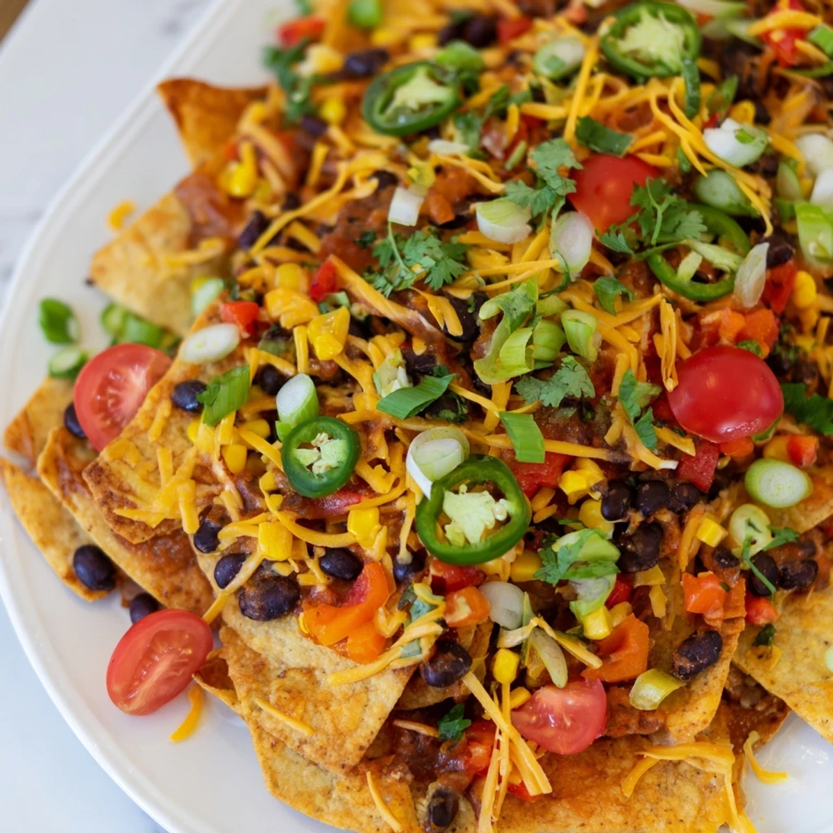 Sheet-pan nachos with bubbly melted cheese, colorful veggies, and fresh toppings—a delicious Tex-Mex meal idea.