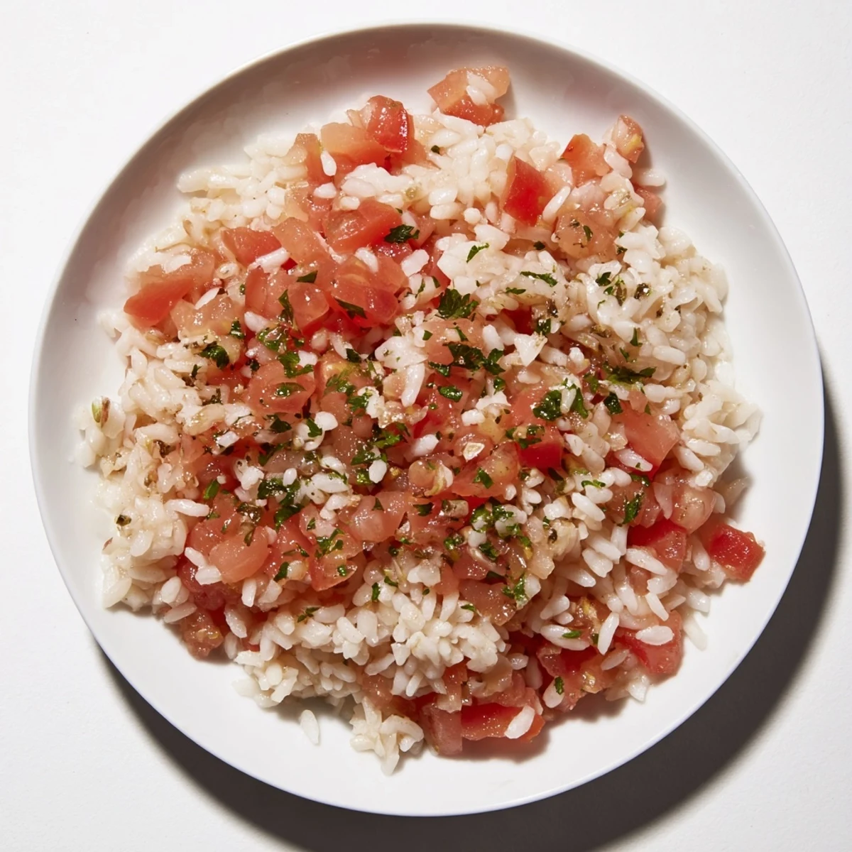 Steaming Tomato-Rice Skillet Dinner, a colorful one-pan meal with fresh parsley garnishing.
