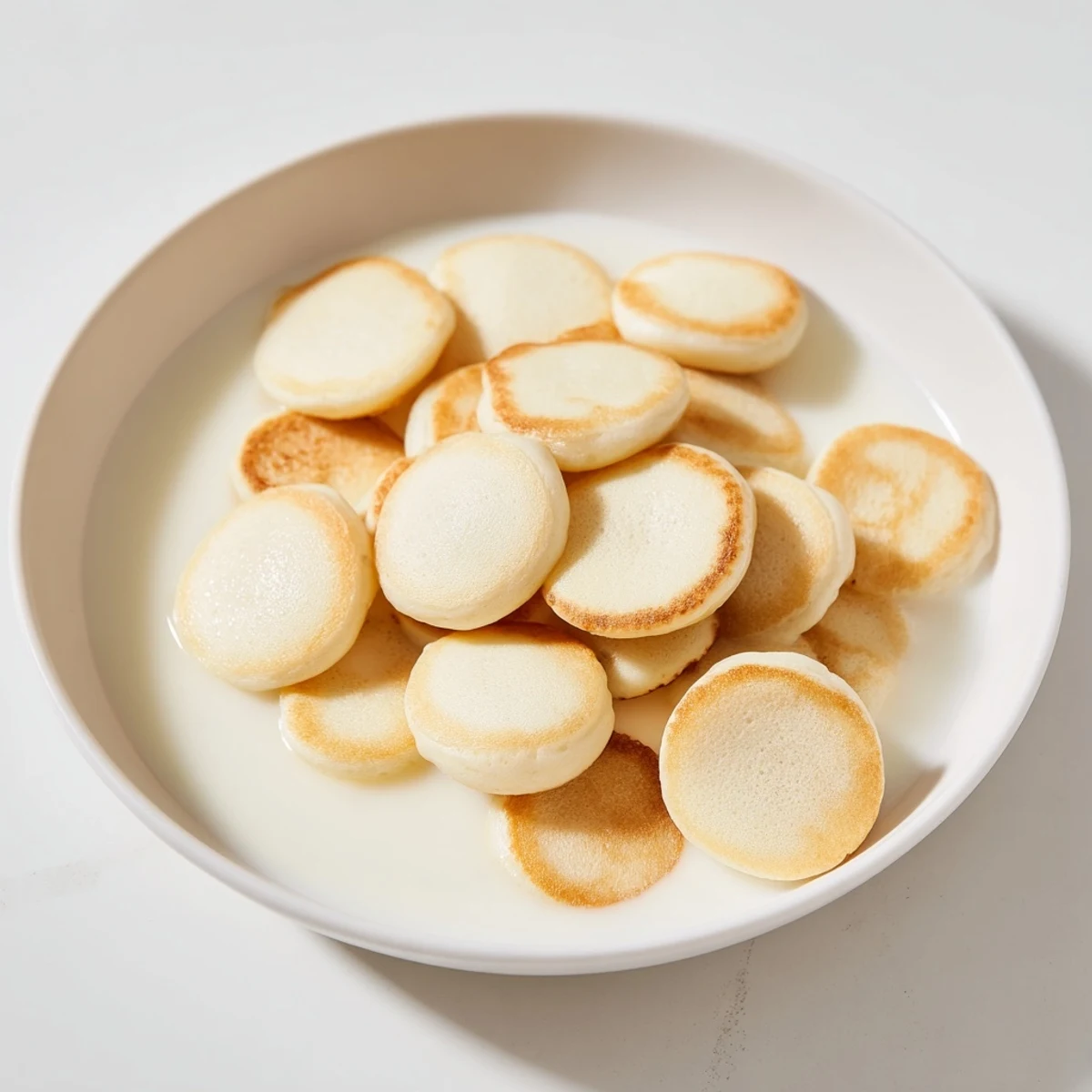 Golden, tiny pancake cereal in a bowl, perfect for a fun and delicious breakfast.