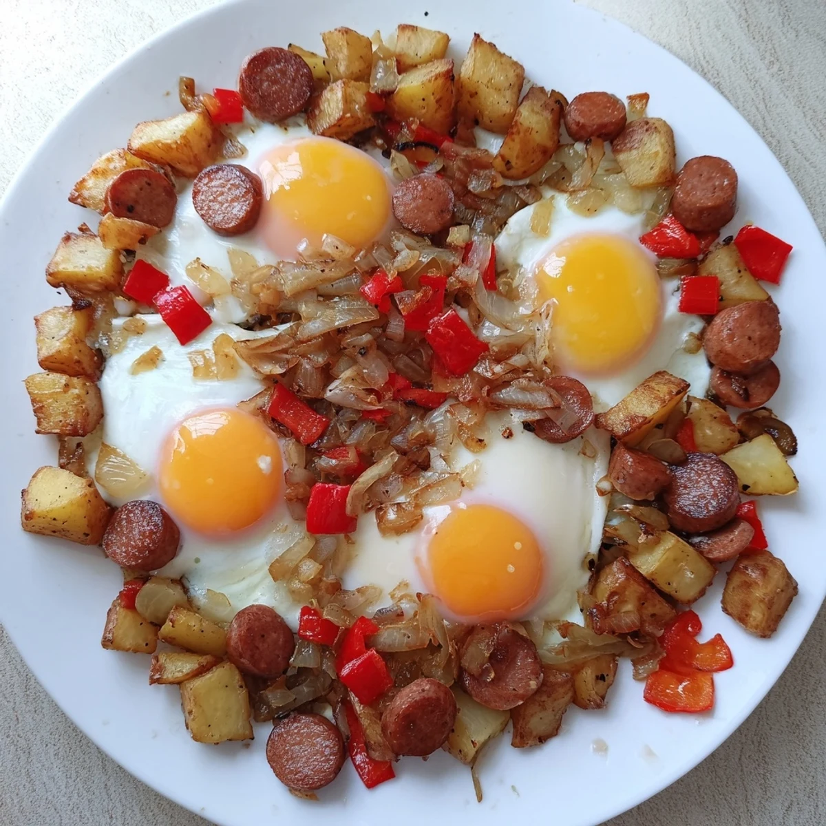 Golden-brown Egg & Potato Hash, studded with sliced hot dogs, ready for a hearty breakfast.