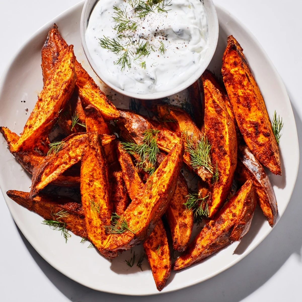 Crispy golden roasted sweet potato wedges with a vibrant, herbed yogurt dip alongside.