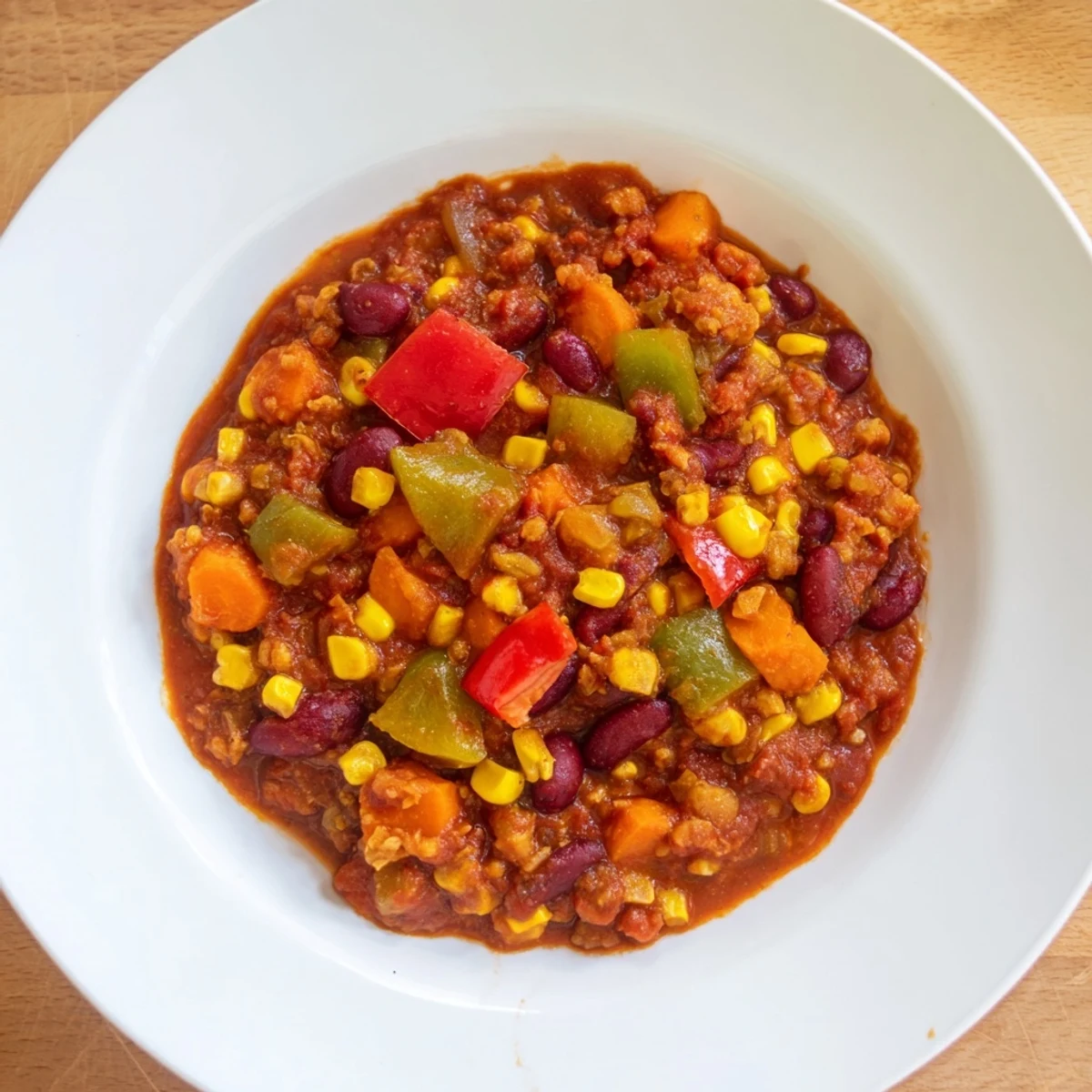 Steaming bowl of veggie chili, a vibrant Tex-Mex feast, ready for toppings like cilantro.