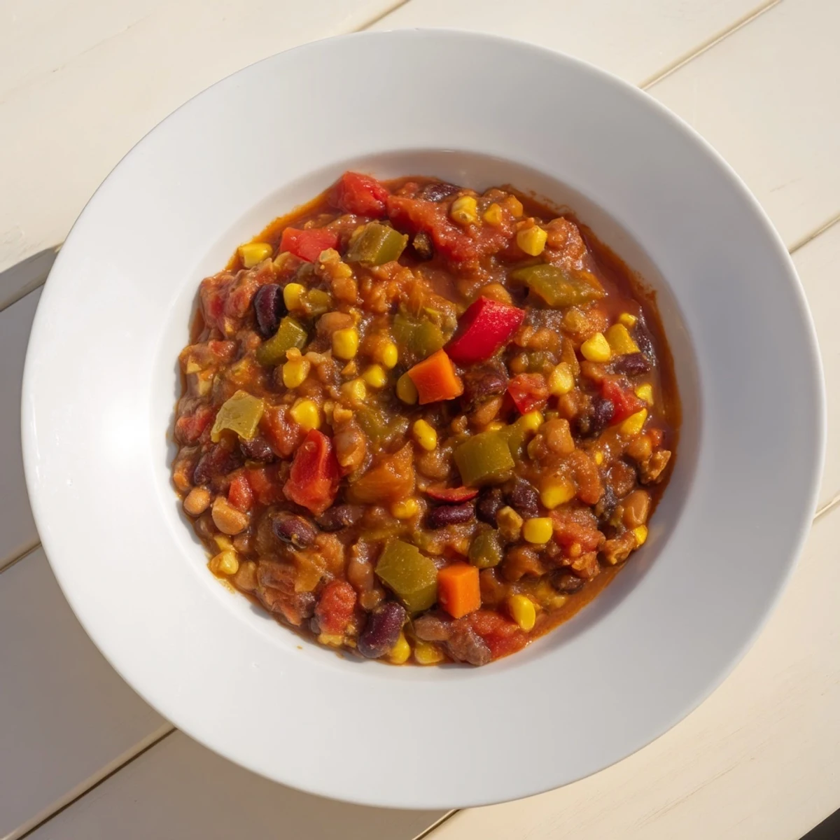 A close-up shot of homemade veggie chili, featuring hearty beans and colorful peppers simmering.