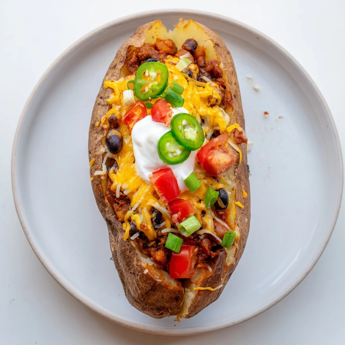 Golden, loaded baked potato with chili, cheese, and fresh green onions, ready to eat.
