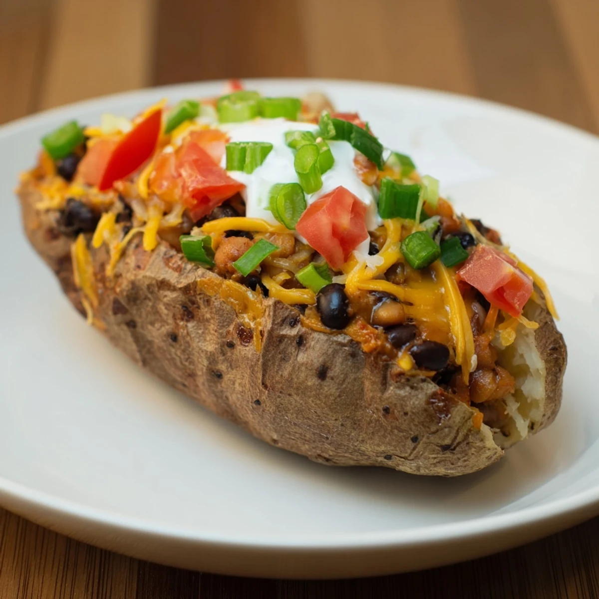 Steaming loaded baked potato with chili, gooey cheese, and creamy toppings, perfect comfort food.