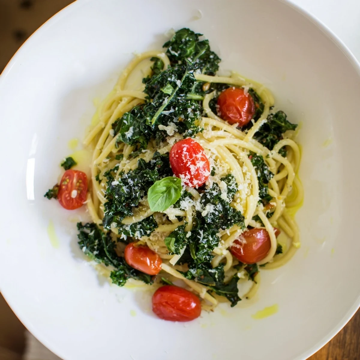 Steaming one-pot spaghetti with kale & tomatoes, garnished fresh, inviting Italian comfort food for dinner.