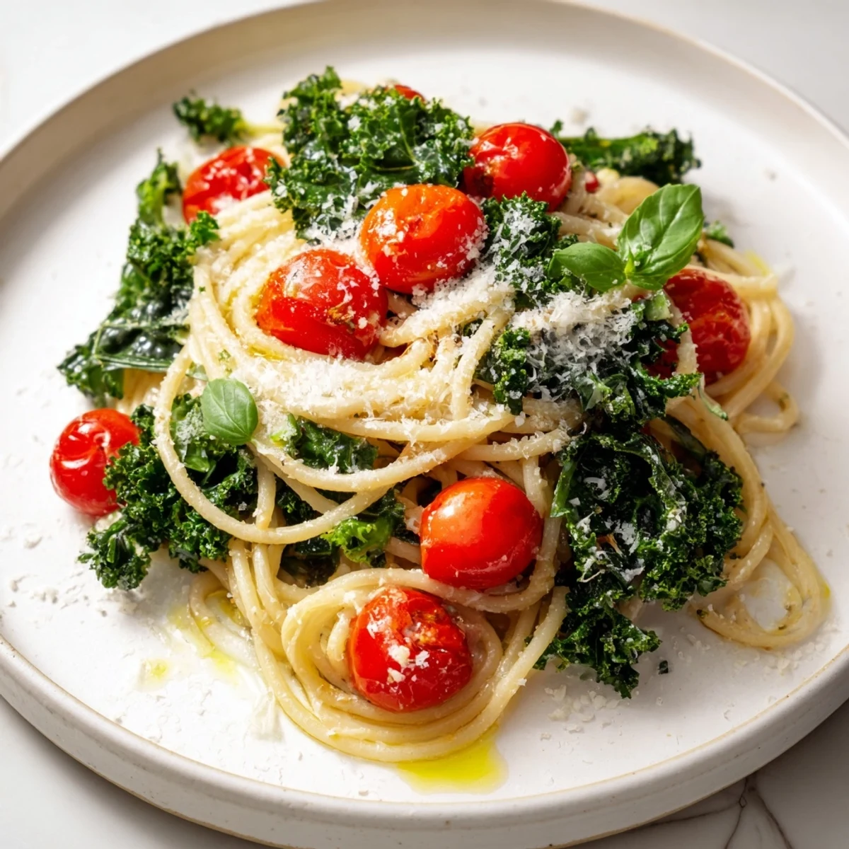 Close-up of bright one-pot spaghetti, with kale and tomatoes, ready to serve with Parmesan cheese.