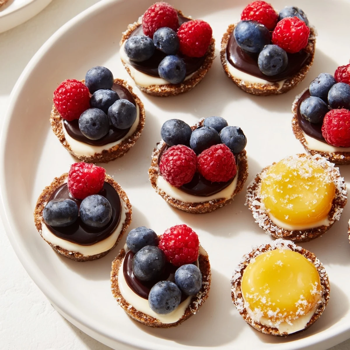 Mouthwatering trio of mini dessert bites, featuring cheesecakes, chocolate tarts, and lemon curd tarts in a display.