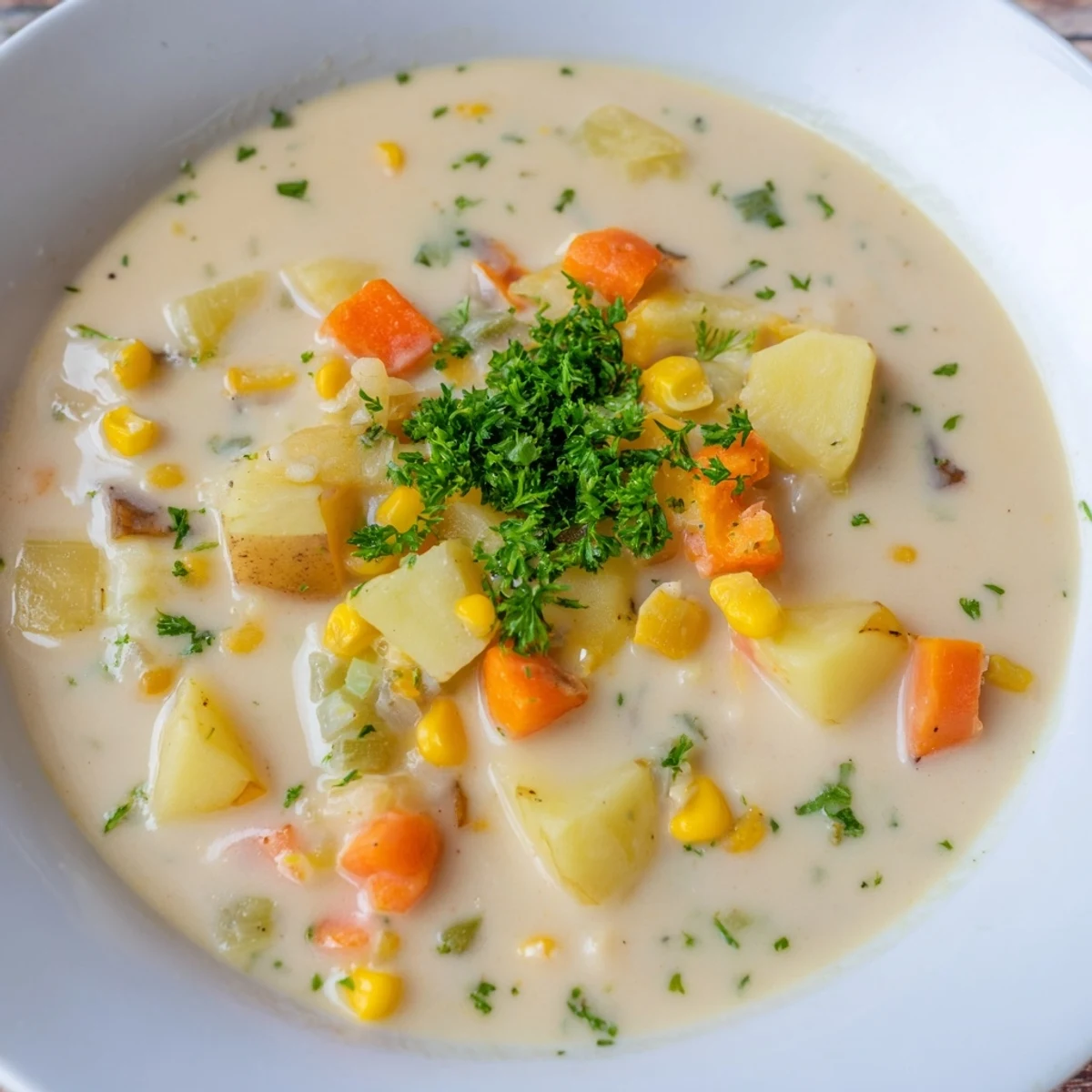 Homemade Corn & Potato Chowder with tender corn and potatoes, perfect food for a chilly evening.