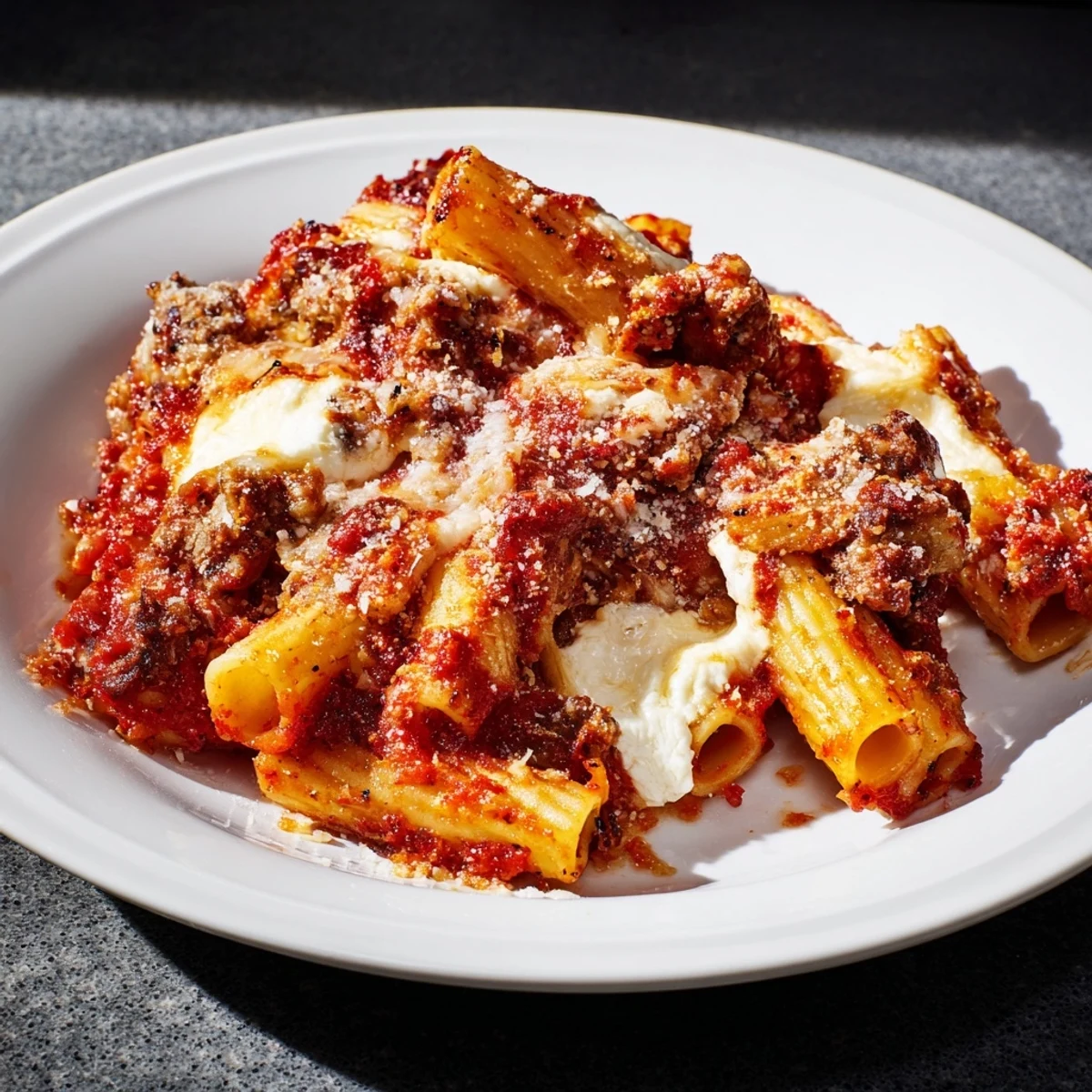 Steaming slow cooker baked ziti, a cheesy, comforting Italian pasta casserole, ready to serve and enjoy.