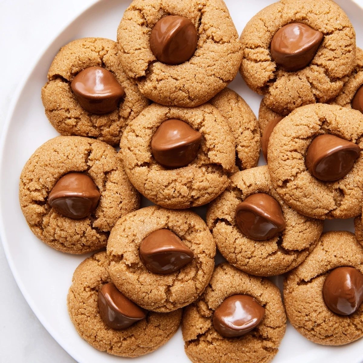 A plateful of delightful 3-Ingredient Peanut Butter Blossoms, chewy, sweet, and simple to make at home.