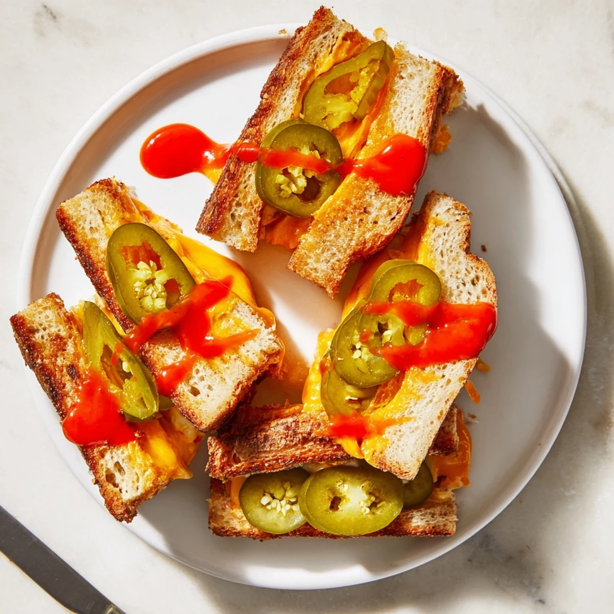 Golden-brown Spicy Pickle Grilled Cheese Dippers ready to be dipped, with visible crispy edges and melted cheese.