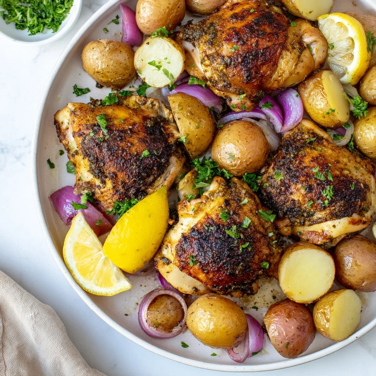 Golden Sheet Pan Zaatar Chicken with crispy potatoes, perfect for a flavorful, one-pan Middle Eastern-inspired dinner.
