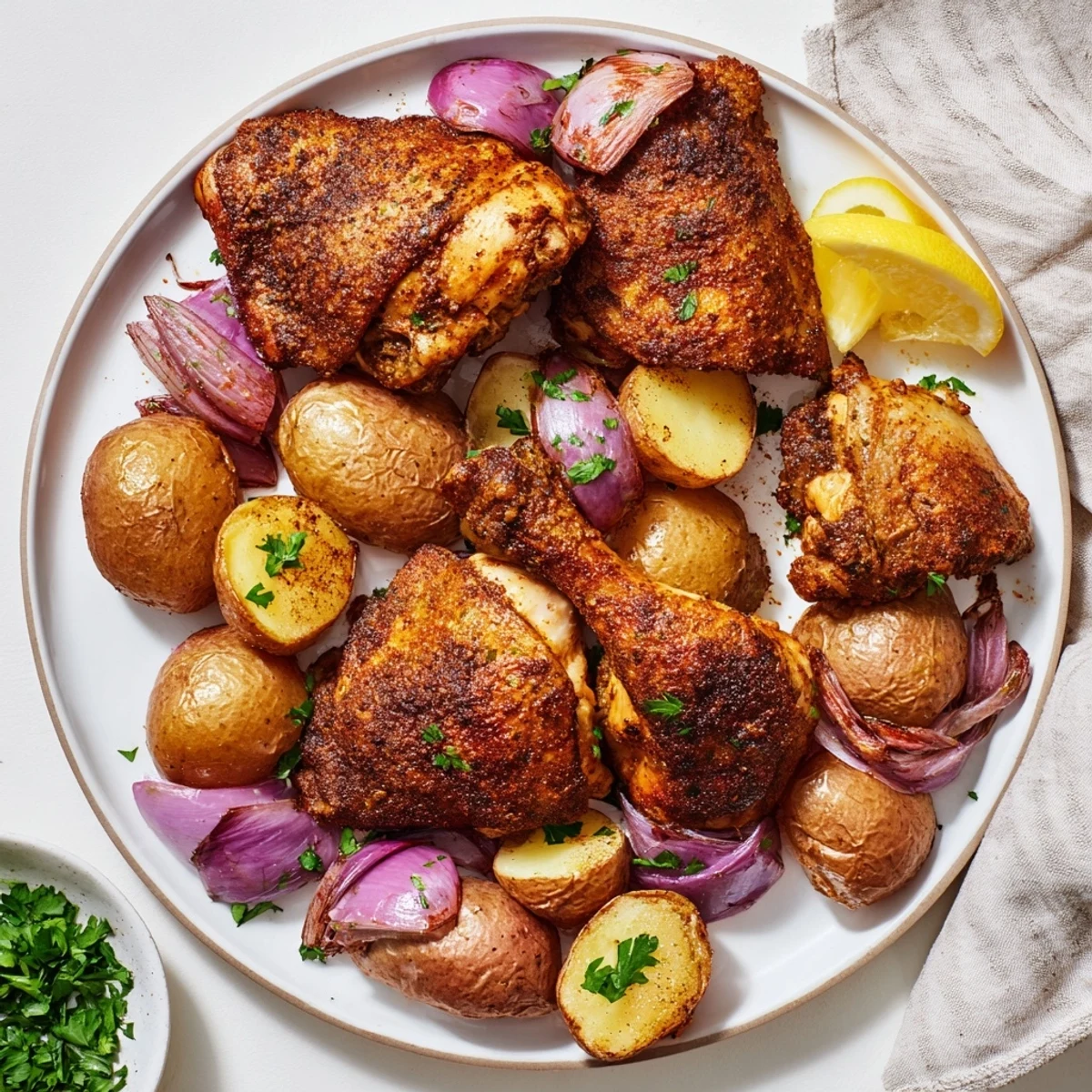 Tender Sheet Pan Zaatar Chicken and potatoes, garnished with fresh parsley and lemon wedges, ready to serve.