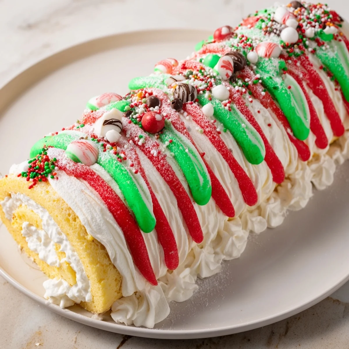 Vibrant Ugly Sweater Cake Roll: a holiday dessert featuring whimsical frosting patterns and festive sprinkles.