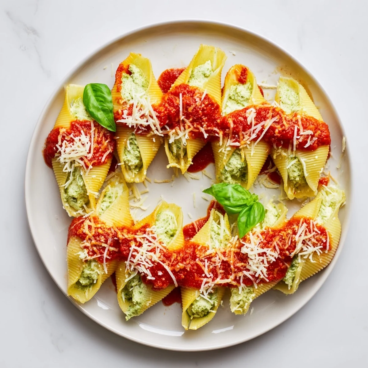 Close-up photo of Pesto and Ricotta Stuffed Shells, bubbling golden after baking in tomato sauce.