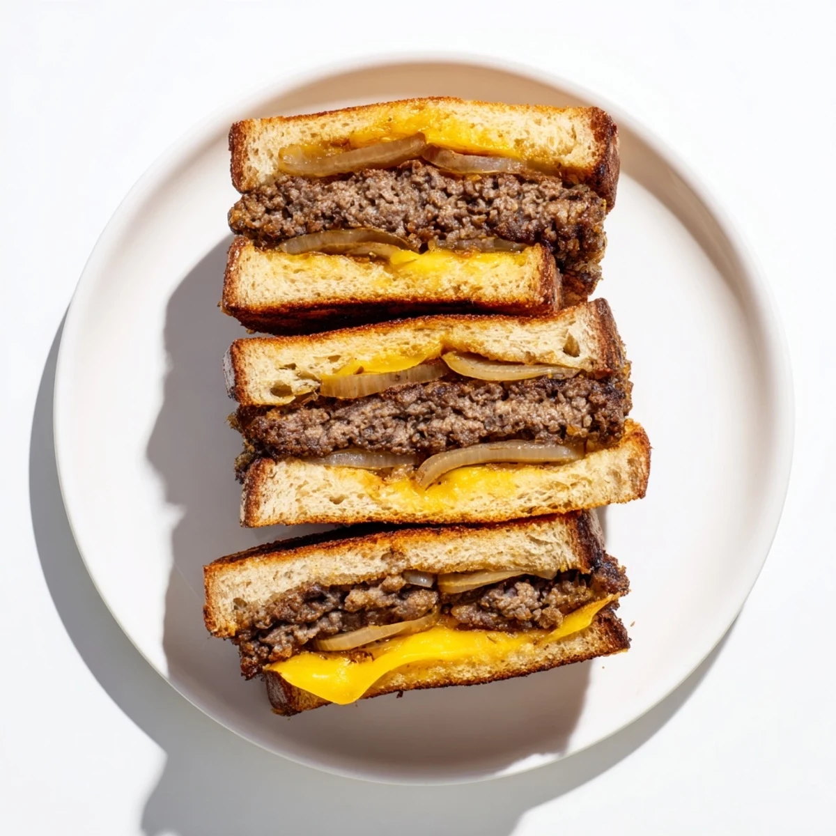 Sliced patty melt on a plate; a juicy and delicious diner classic cooked in a cast iron skillet.