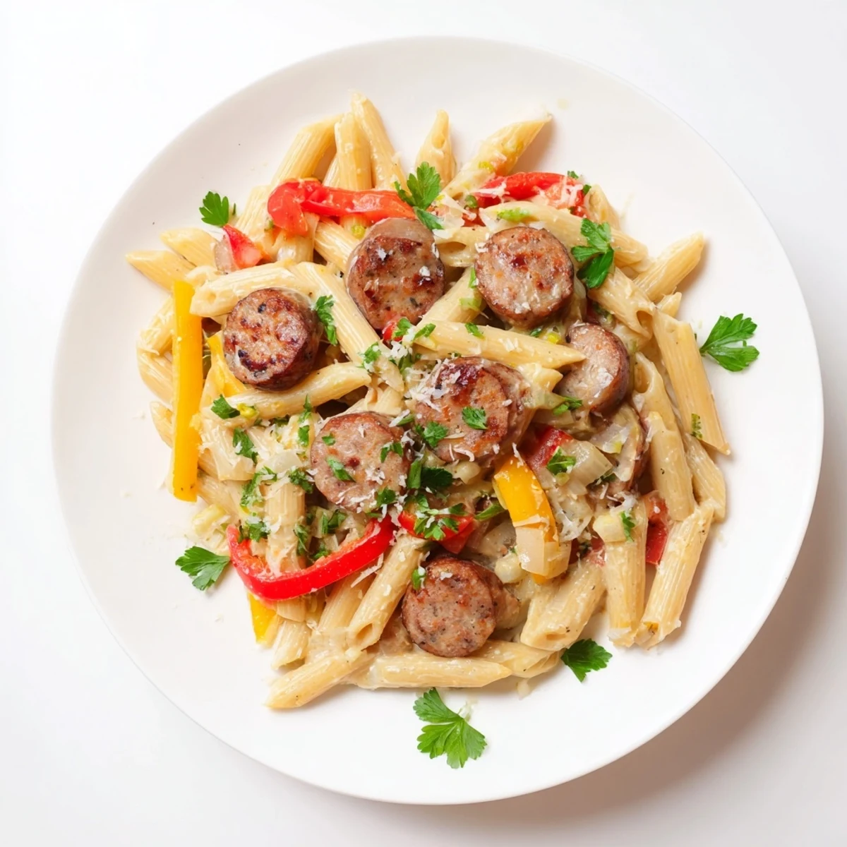 A generous serving of rich Smoked Sausage Cajun Alfredo with penne, showcasing the delicious sauce.
