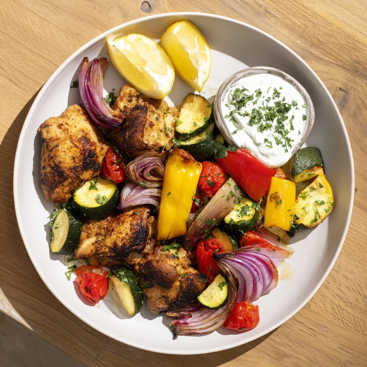 Golden sheet pan chicken shawarma with roasted vegetables, ready to be served on warm pita.
