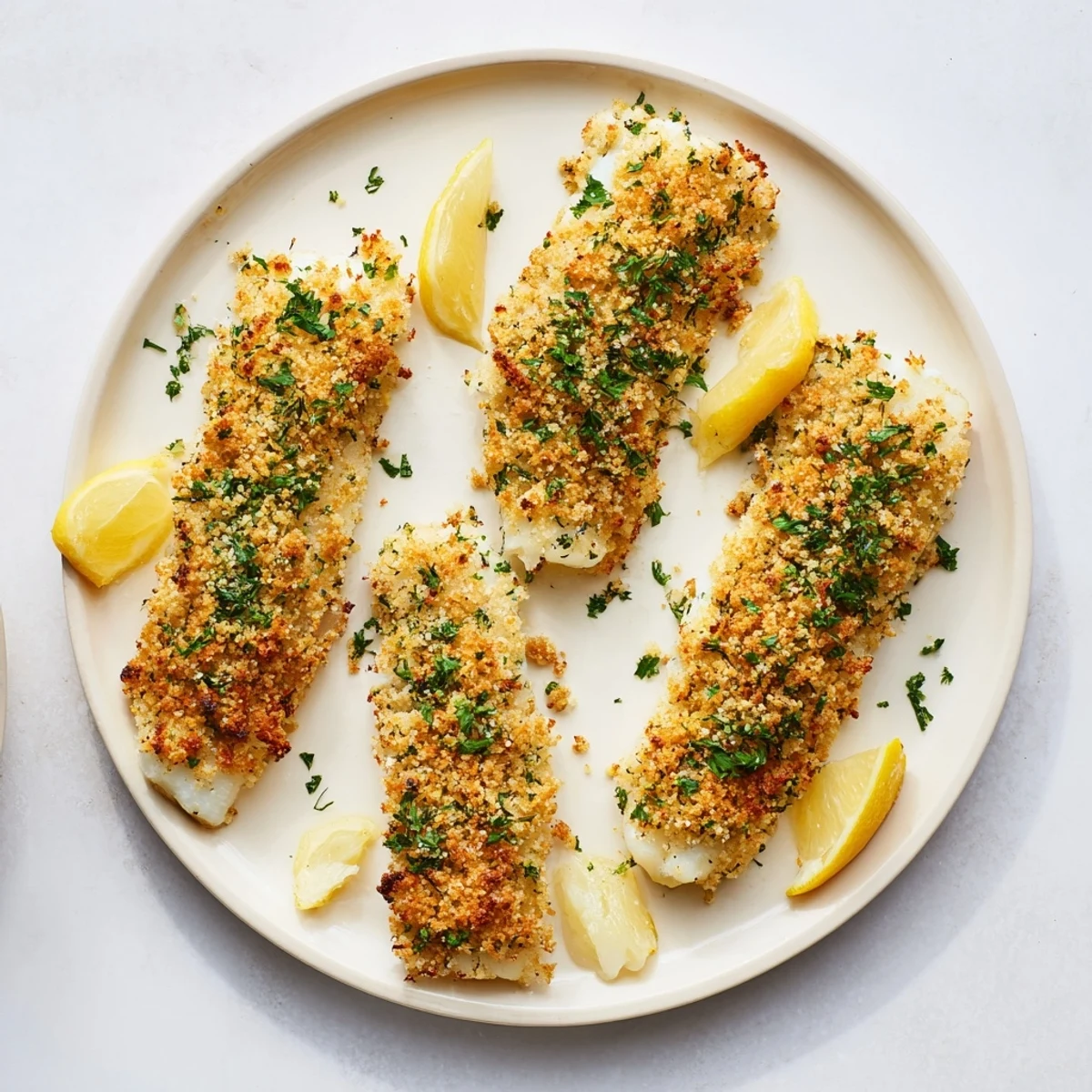 Golden-brown Baked Cod with Crispy Ritz Cracker Topping, ready to serve with lemon.